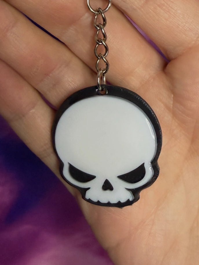Hand holding a keychain with a skull design against a colorful background